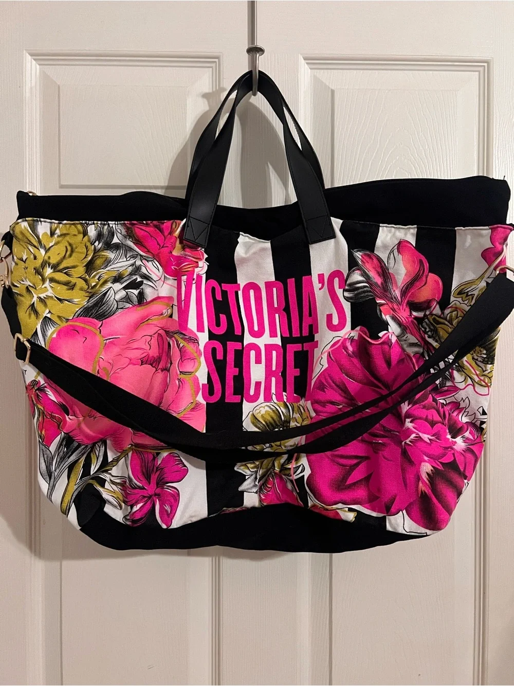 Victoria's Secret Black, White & Hot Pink Floral Stripe Tote
